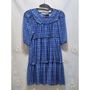 ZAC KIDS Girls Large 10-12 Blue Dress Plaid Tiered Babydoll Cottagecore prairie